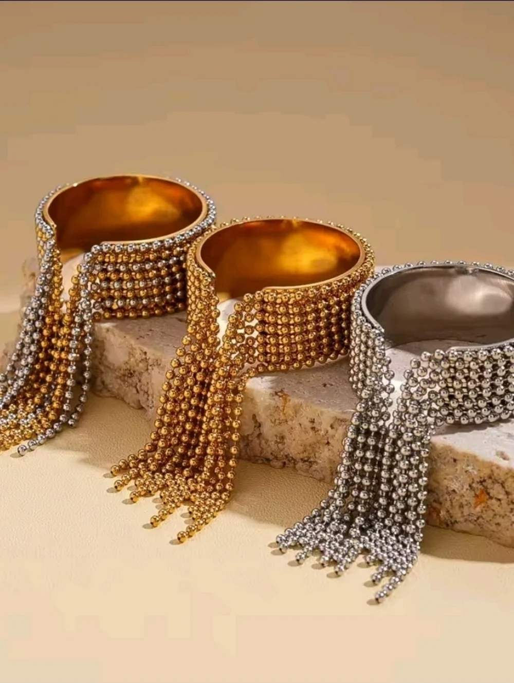 Gold and Silver Beaded Fringe Cuff Rings